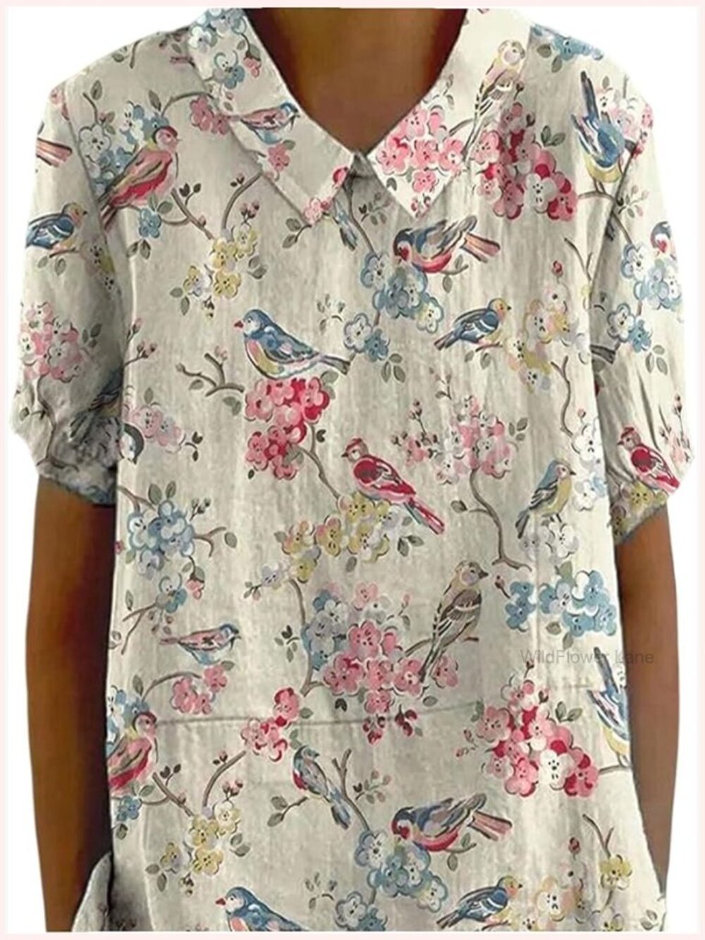 Boho Floral Blouse Short Sleeve Collared Summer Casual Tops